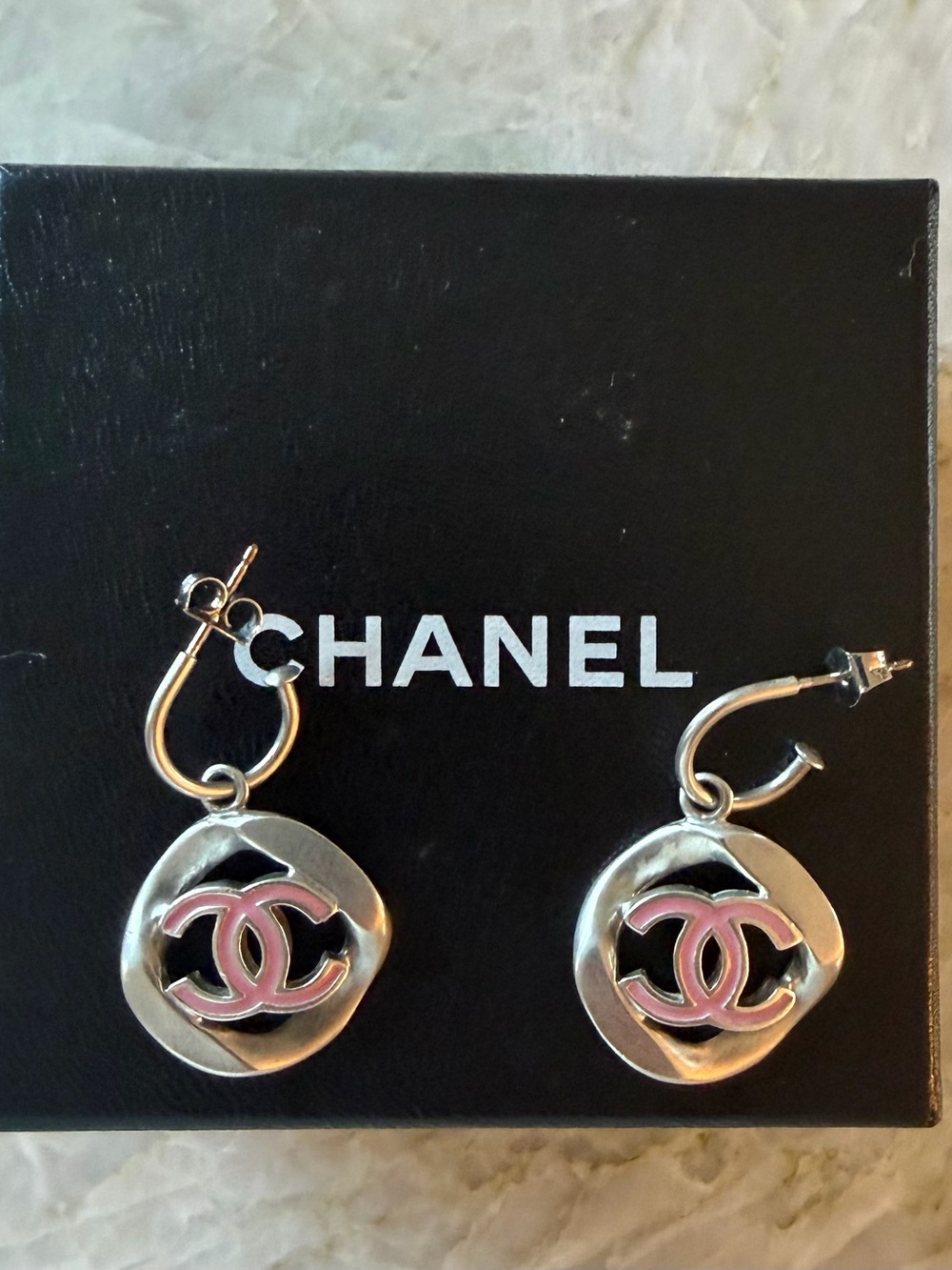 CHANEL Vintage 2004 Pink Enamel CC Logo Silver Tone Drop Hoop Earrings with COA